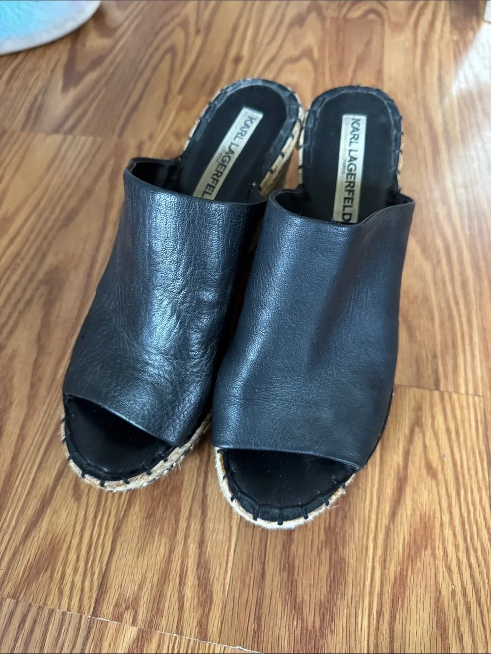 Karl Lagerfeld Black Leather Open-Toe Espadrille Mules platform sandals